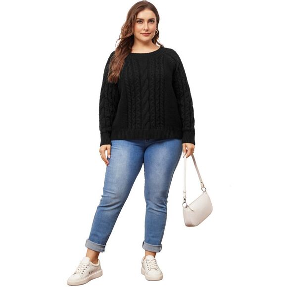 Plus Size Sweater Long Sleeve Crewneck Fisherman Cable Pullover Sweaters Black - Picture 3 of 5